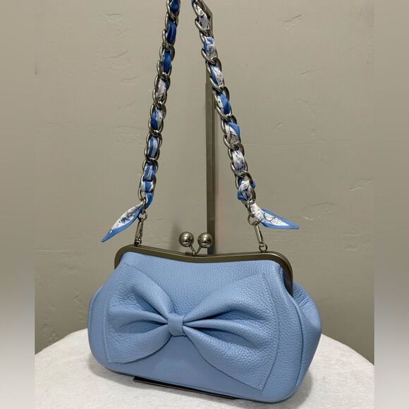 Blue Togo Cowhide Leather Handmade Large Bow Kisslock Bag With 3 Strap Styles - Picture 3 of 16